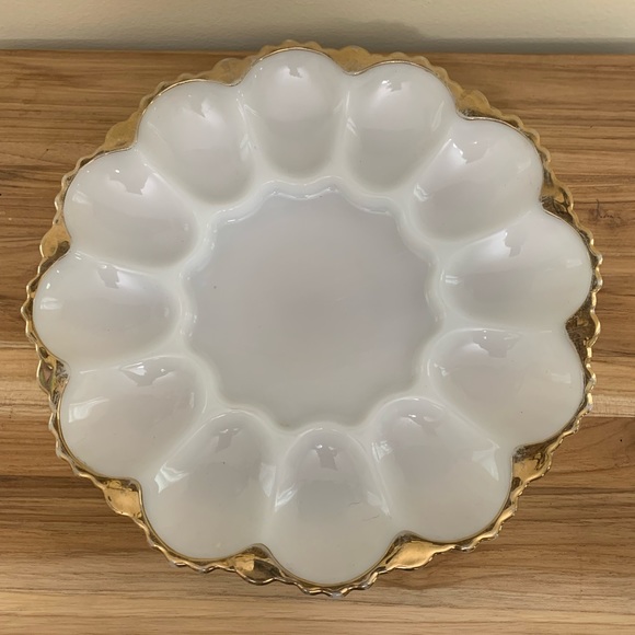Vintage/Antique Milk Glass Egg Platter with Gold Trim - Picture 1 of 10